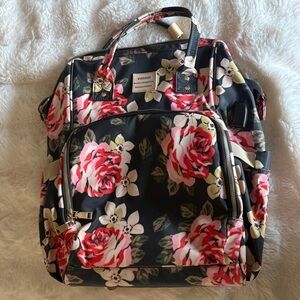 Floral Backpack Tote - Black with Pink Rose Print